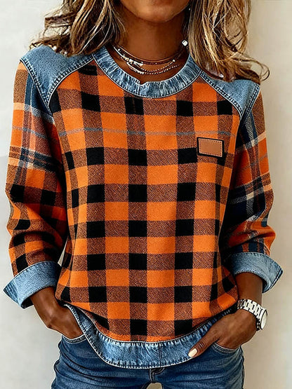 Kostkovaná mikina s kontrastním patchworkovým vzorem