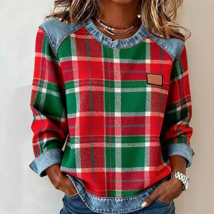 Kostkovaná mikina s kontrastním patchworkovým vzorem