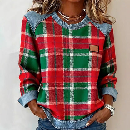 Kostkovaná mikina s kontrastním patchworkovým vzorem