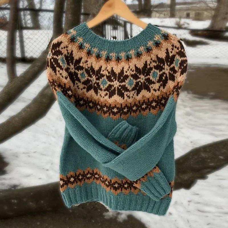 Dámský volný pletený svetr s kulatým výstřihem a barevnými bloky