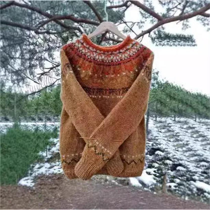 Dámský volný pletený svetr s kulatým výstřihem a barevnými bloky