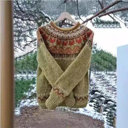 Dámský volný pletený svetr s kulatým výstřihem a barevnými bloky