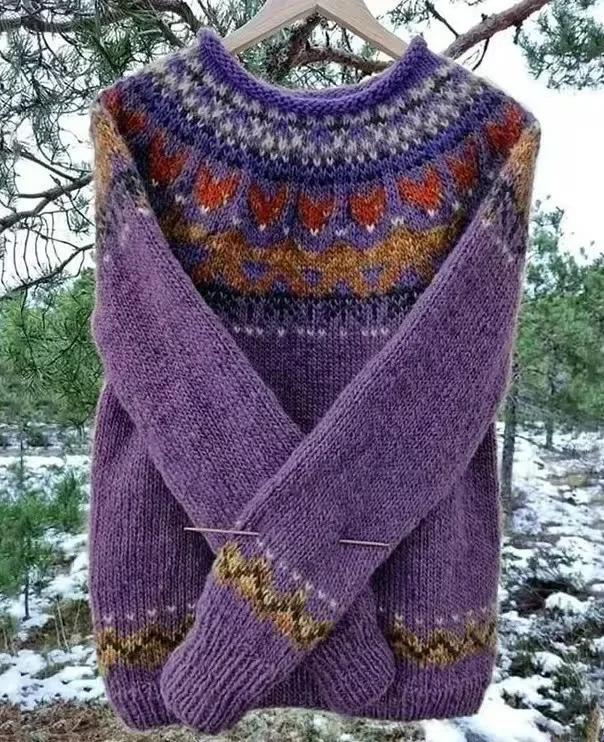 Dámský volný pletený svetr s kulatým výstřihem a barevnými bloky