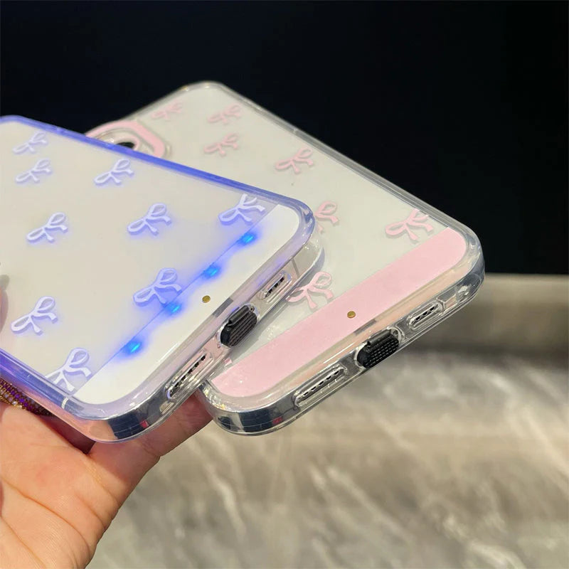 Roztomilý kryt na telefon s mašlí a LED světlem – stylová ochrana s třpytkami ✨