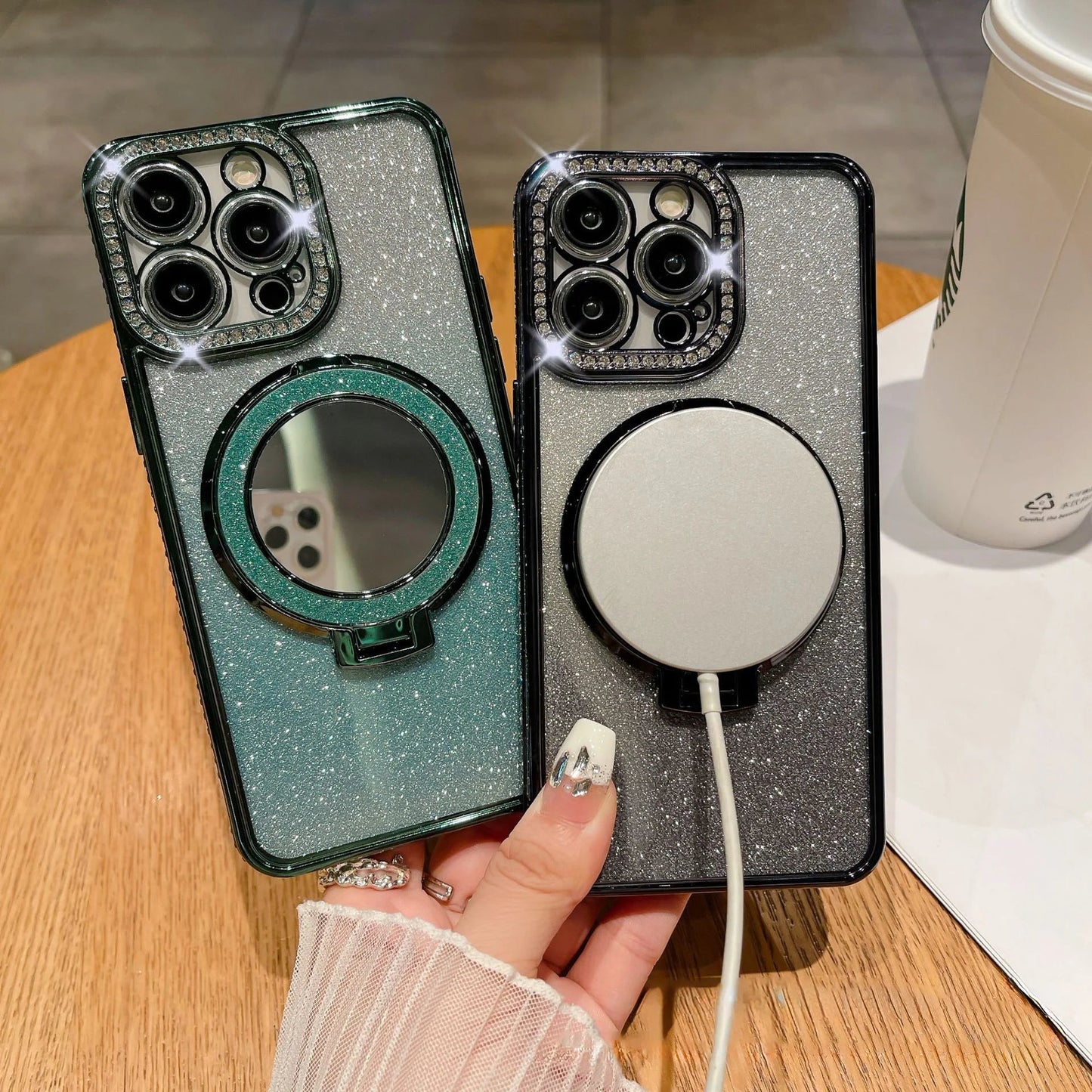 📲✨Ochranné pouzdro na iPhone s make-up zrcadlem a gradientními třpytkami