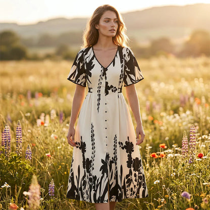 Elegantní šaty s výstřihem do V, siluetou A a botanickým potiskem – midi délka