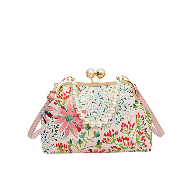 Kabelka přes rameno ve tvaru mušle s květinovým vzorem – elegantní design, všestranný řetízkový popruh, prostorná a stylová