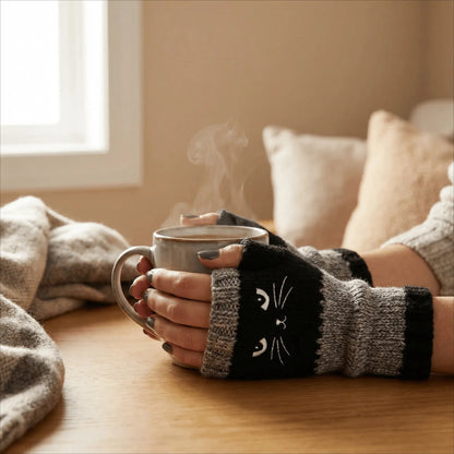 Bezprstové rukavice s výšivkou kočky – teplé a stylové na zimu 🧤