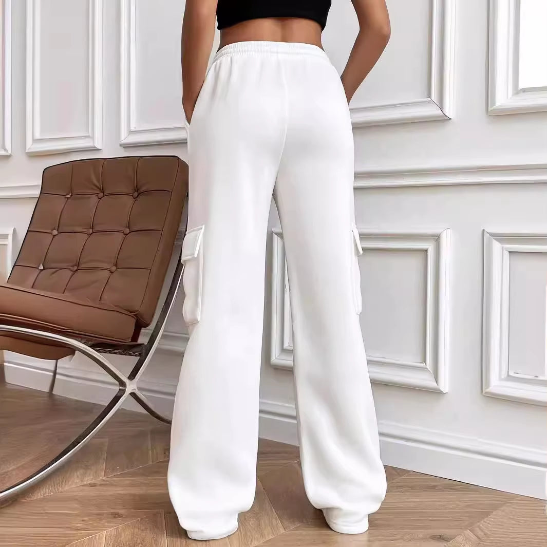 Módní univerzální jednobarevné tepláky s rovnými nohavicemi a širokými nohavicemi s bočními kapsami👖