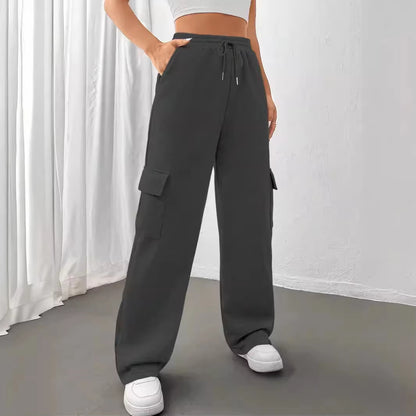 Módní univerzální jednobarevné tepláky s rovnými nohavicemi a širokými nohavicemi s bočními kapsami👖