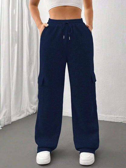 Módní univerzální jednobarevné tepláky s rovnými nohavicemi a širokými nohavicemi s bočními kapsami👖