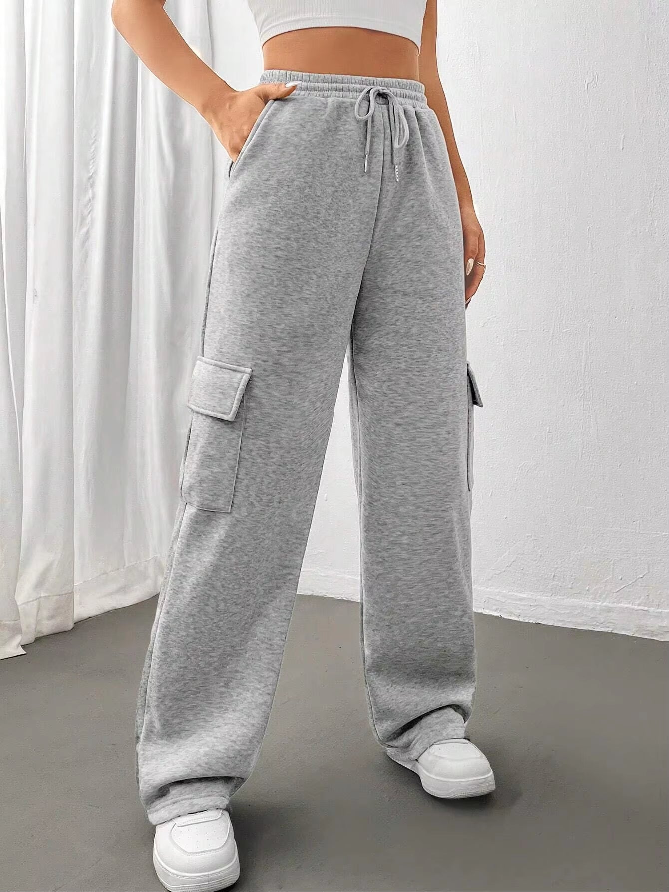 Módní univerzální jednobarevné tepláky s rovnými nohavicemi a širokými nohavicemi s bočními kapsami👖