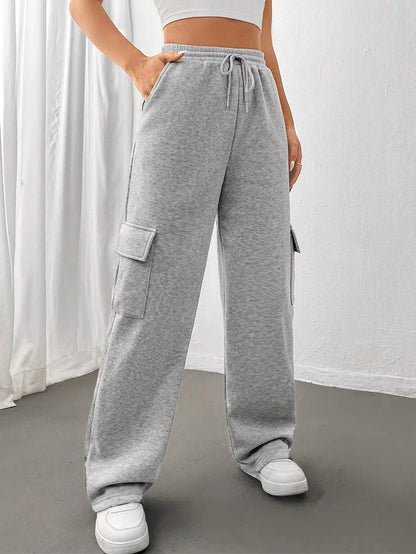 Módní univerzální jednobarevné tepláky s rovnými nohavicemi a širokými nohavicemi s bočními kapsami👖