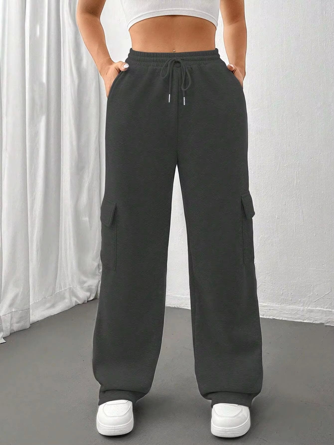 Módní univerzální jednobarevné tepláky s rovnými nohavicemi a širokými nohavicemi s bočními kapsami👖