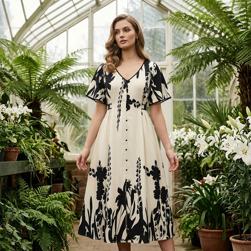 Elegantní šaty s výstřihem do V, siluetou A a botanickým potiskem – midi délka