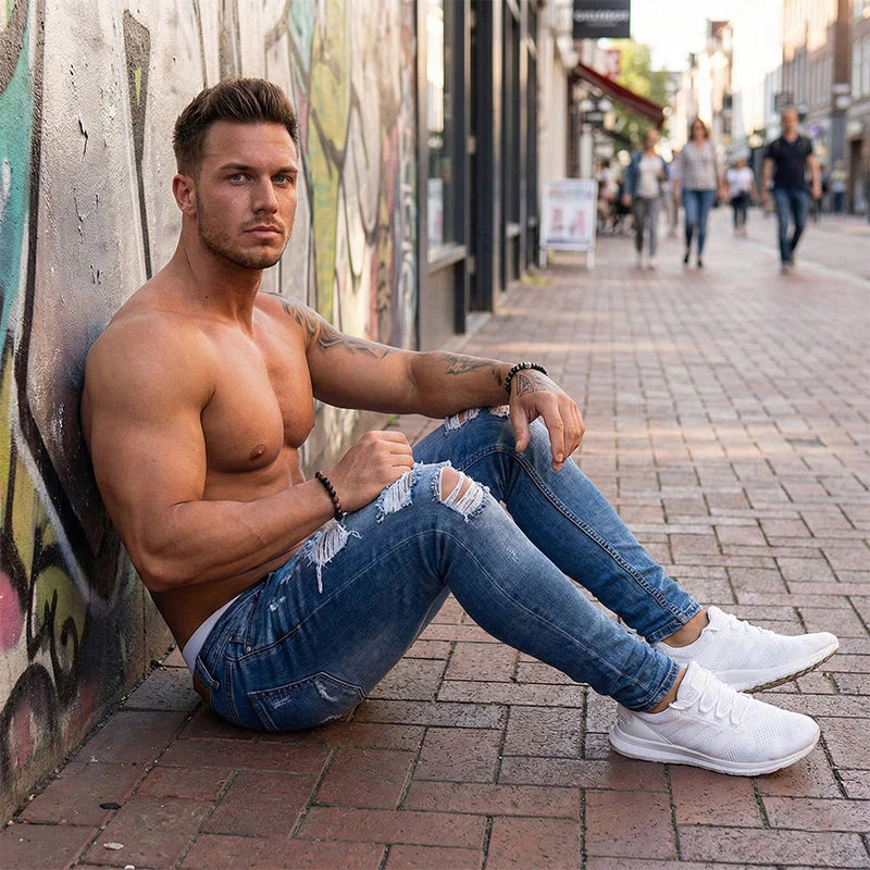 Stylové pánské skinny džíny s efektem opotřebení