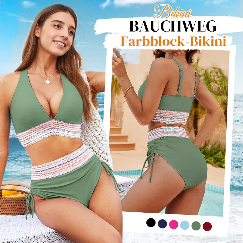 Bikiny s vysokým pasem, regulací bříška a designem barevných bloků