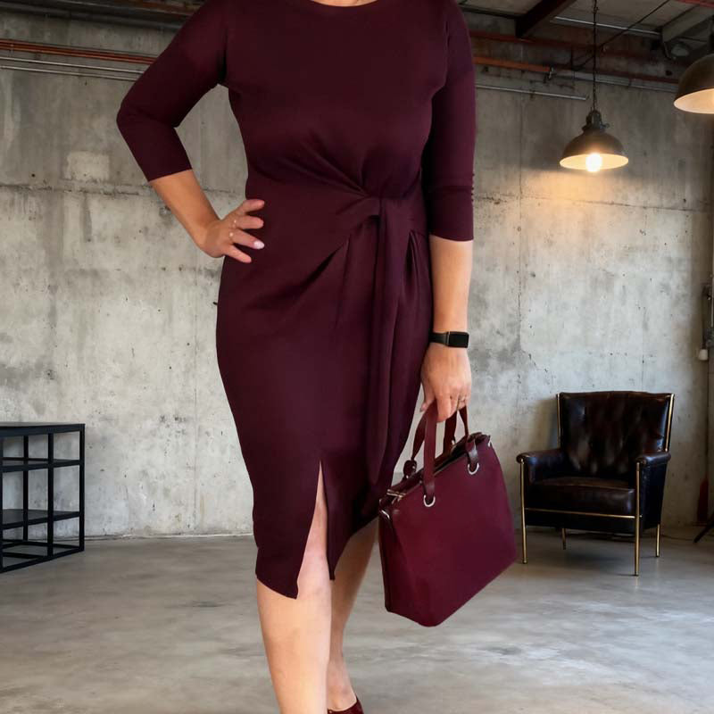 Elegantní midi šaty s předním uzlem a rozparkem pro ženy
