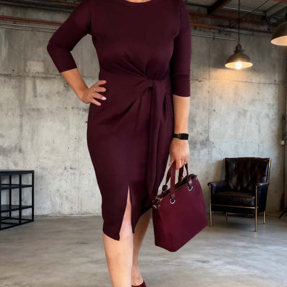 Elegantní midi šaty s předním uzlem a rozparkem pro ženy