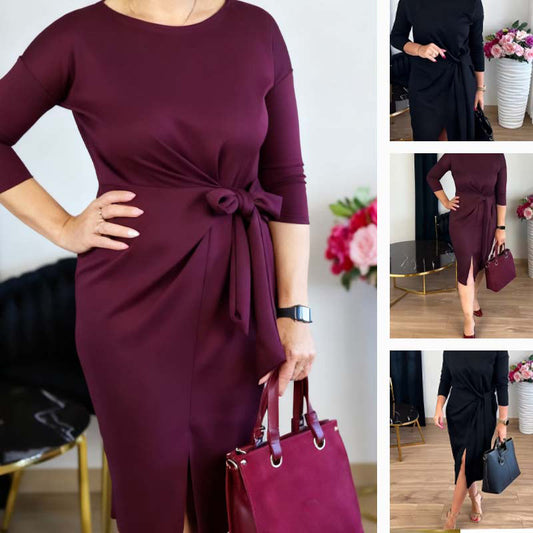 Elegantní midi šaty s předním uzlem a rozparkem pro ženy