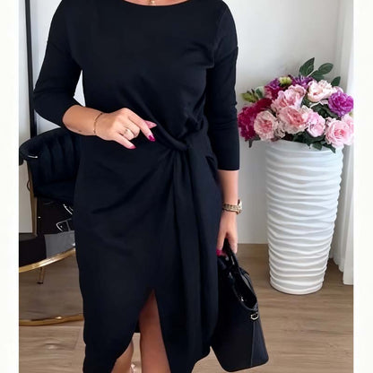 Elegantní midi šaty s předním uzlem a rozparkem pro ženy