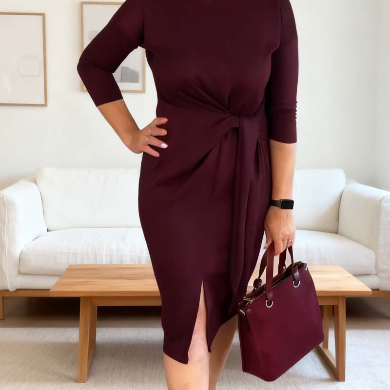 Elegantní midi šaty s předním uzlem a rozparkem pro ženy