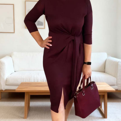 Elegantní midi šaty s předním uzlem a rozparkem pro ženy
